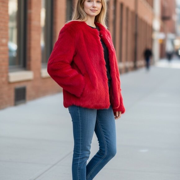 AS NEW MAXIMA WILSONS LEATHER RABBIT FUR LIPSTICK RED JACKET REVERSES NYLON XL - Picture 2 of 7